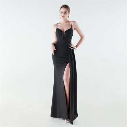 Deep V Plunge Waist Tight High Slit Sequin Embroidered Strap Slim Fit Elegant Evening Dress by Ragazza