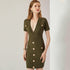 Spring Knitted Short Sleeved V neck Dress Sheath Army Green Black Texture  DestGlow
