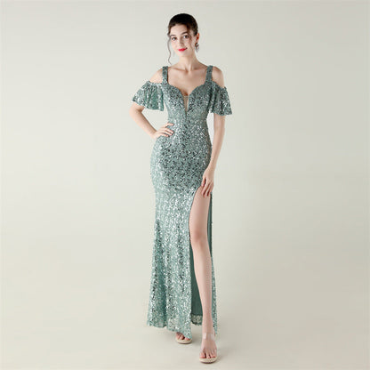 Bead Tube Sequin Heavy Industry Evening Dress Short Sleeve off the Shoulder Deep V Plunge High Slit Fishtail Dress Cocktail Socialite by Ragazza