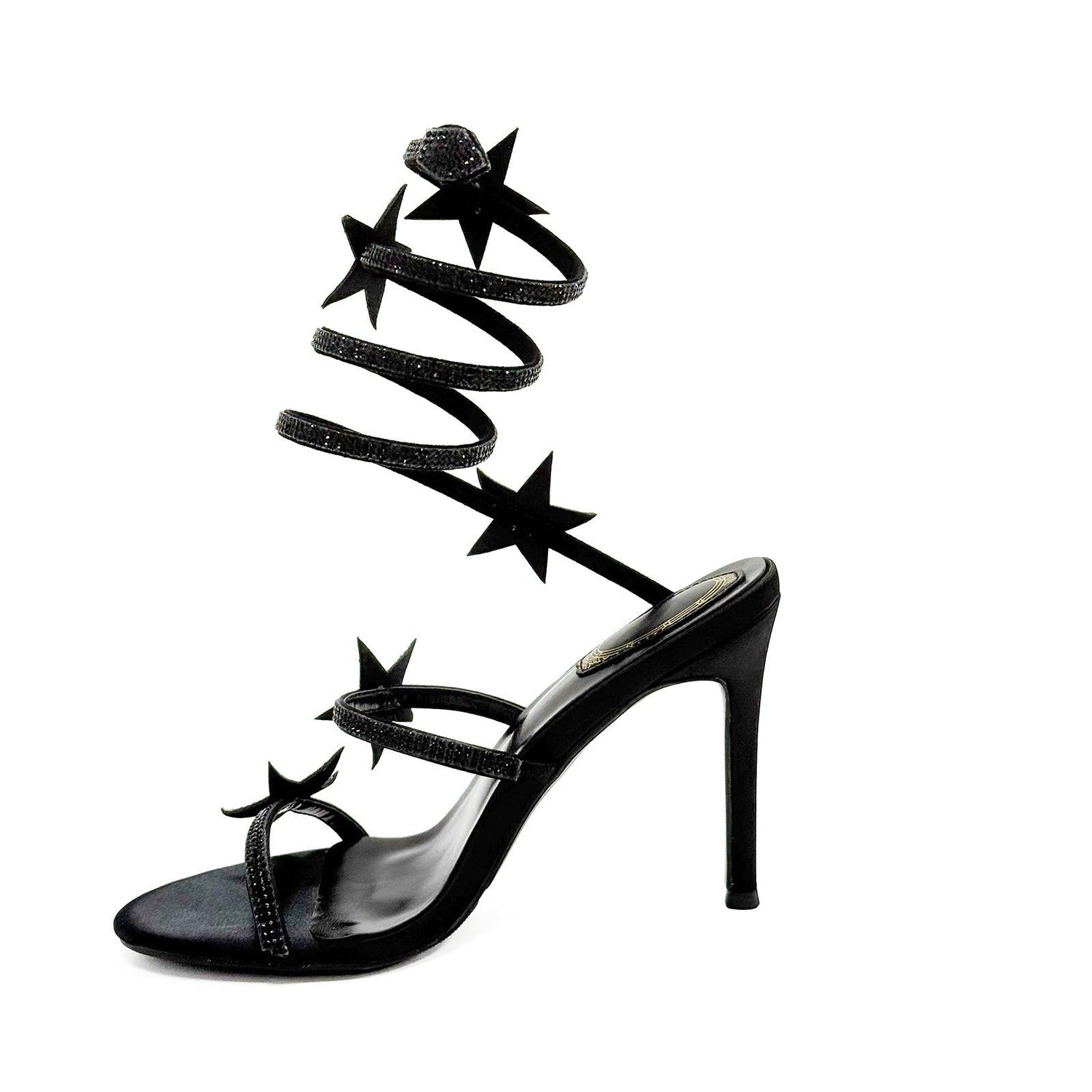 Black Silver 10cm Stiletto Heel Small round Head Rhinestone High Heel Sandals Summer Heels  DestGlow