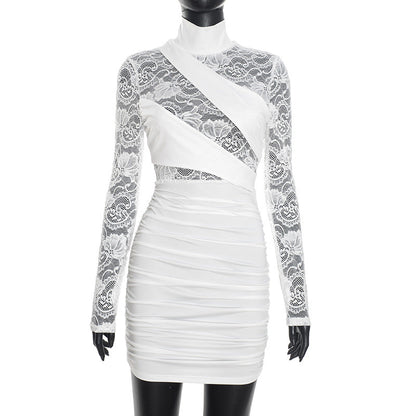 Women Clothing Autumn Winter Sexy Solid Color Half Collar Lace Stitching Long Sleeve Narrow Dress by Ragazza