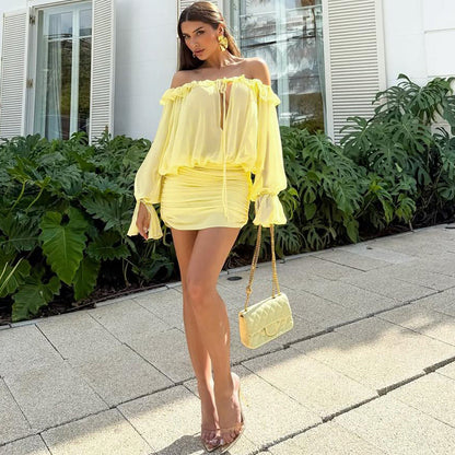 Fall Women Clothing Sexy off the Shoulder Hollow Out Cutout out Tied Solid Color Slim Hip Bag Dress by Ragazza
