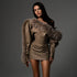 Autumn Winter Women Fur Collar Long Sleeve Solid Color Pleated Sexy off Shoulder Sexy Dress by Ragazza