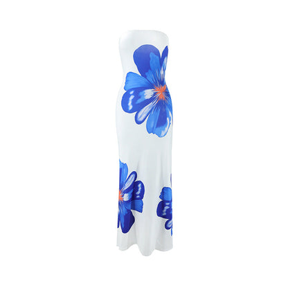Summer Women Casual Tube Top Printed Long Vacation Dress by Ragazza