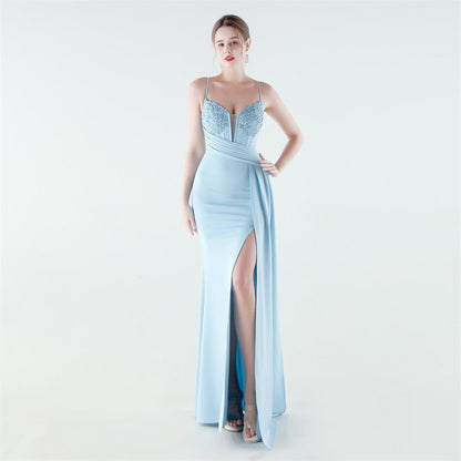 Deep V Plunge Waist Tight High Slit Sequin Embroidered Strap Slim Fit Elegant Evening Dress by Ragazza