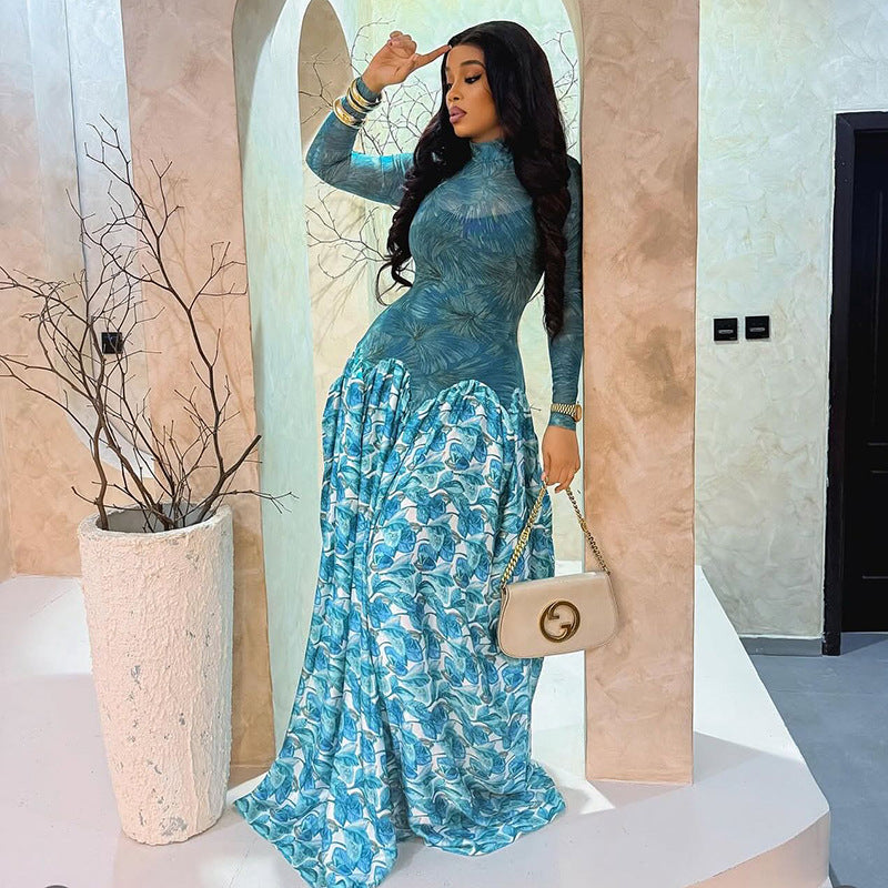 Printing Stitching Women Clothing Slightly Transparent Fresh A line Dress Turtleneck Elastic Slim Fit Long Sleeve Dress by Ragazza