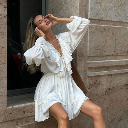 V neck Pleating Bell Sleeve Ruffled White Dress Spring Women Design Petti dress by Ragazza