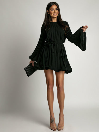 Women Clothing Loose Lace Up Waist Pleated Women Short Dress by Ragazza