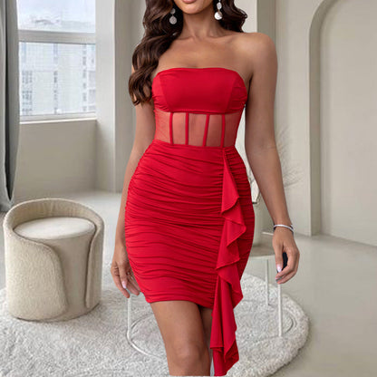Party Dress Slim Fit Sexy Tube Top Dress Mesh Stitching Sheath Dress by Ragazza
