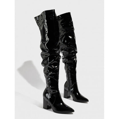 Pointed Toe Thick Heel Bright Leather Natural Wrinkle Side Zipper Comfortable Qualcomm Women Boots  DestGlow