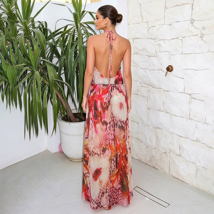 Summer Women Clothing Sexy V neck Halter Backless Split Dress  DestGlow