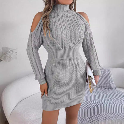 Autumn Winter Casual Off The Shoulder Half Turtleneck Twist Lantern Sleeve Package Hip Sweater Dress Women Clothing by Ragazza