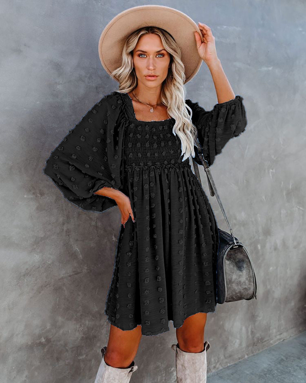Square Collar Chiffon Polka Dots Short Lantern Sleeve Dress  DestGlow