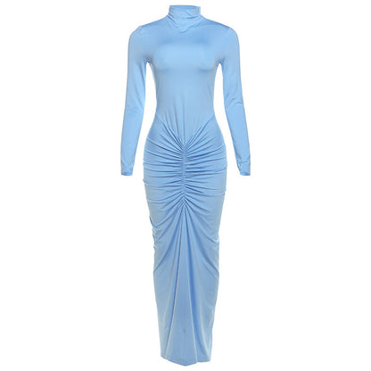 Women Clothing Autumn Solid Color Elegant Slim Slimming Pleated Turtleneck Long Sleeve Dress by Ragazza