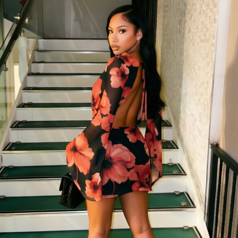 Women Clothing Autumn Mesh Floral Pattern Bell Sleeve Mini Backless Lace up Dress  DestGlow