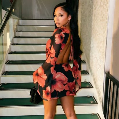 Women Clothing Autumn Mesh Floral Pattern Bell Sleeve Mini Backless Lace up Dress  DestGlow