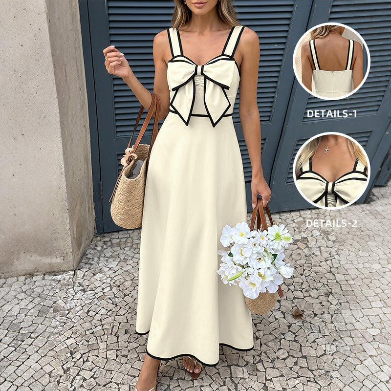 Retro Vacation Color Blocking Bow Waist Trimming Spaghetti Straps Dress  DestGlow