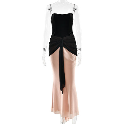 Pleated Ribbon Slim Fit High Waist Dress Sexy Wrapped Chest Waist Color Contrast Patchwork Dress by Ragazza