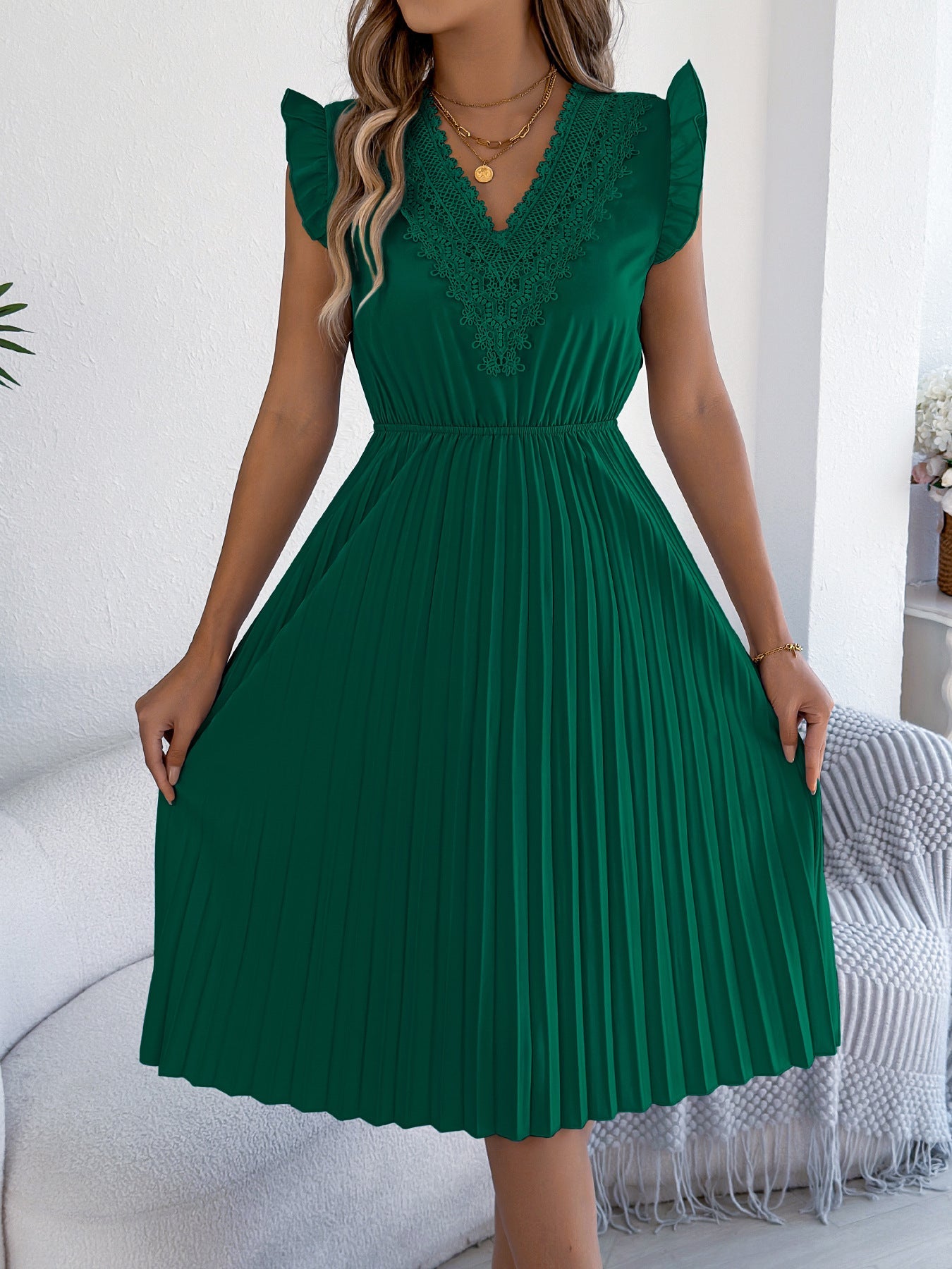 Women Clothing Spring Summer Casual Lace V neck Wooden Ear Cinched Pleated Dress by Ragazza