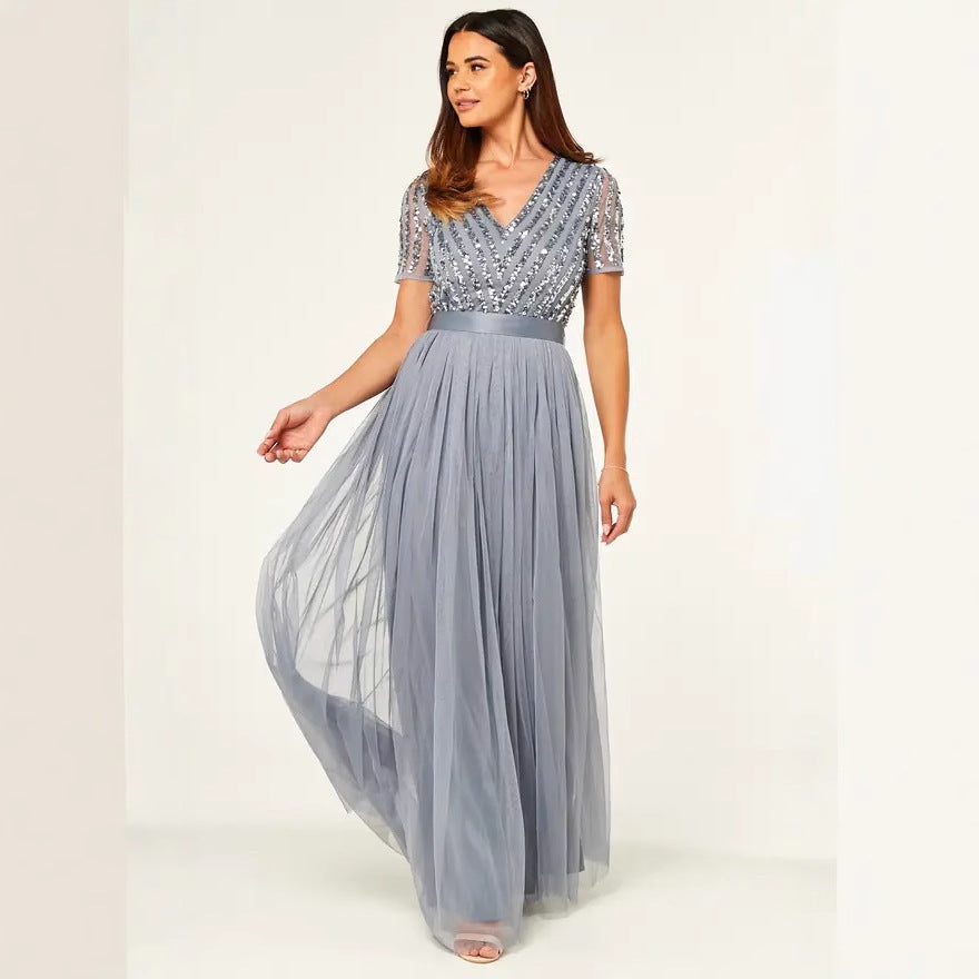 Sequ Dress Short Sleeve V neck Swing Evening Dress High Waist Cocktail Elegant by Ragazza
