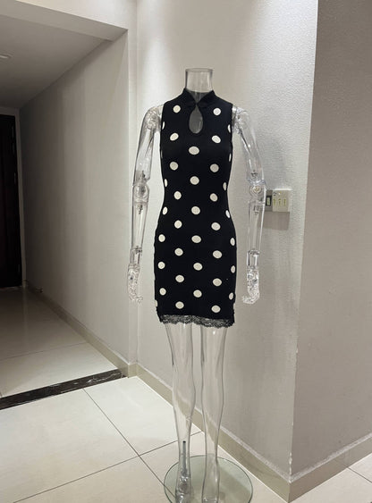 Summer Mid Polka Dot Contrast Color Lace Stitching Dress Stand Collar Sleeveless Sexy Casual Shaped Short Dress Women  DestGlow