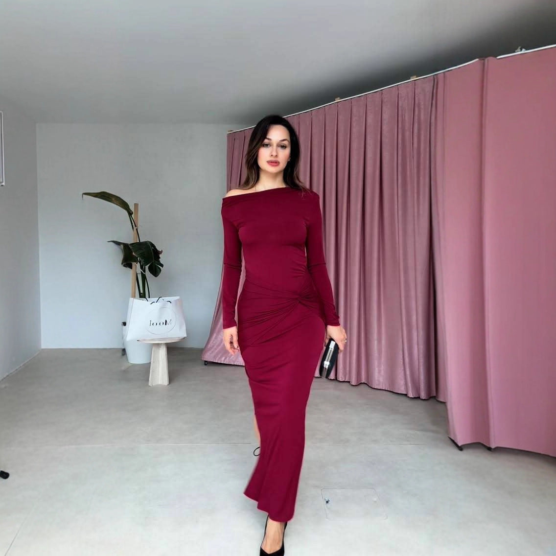 Fall Women Clothing Elegant Solid Color Long Sleeve Diagonal Collar Bow Ruffle Hip Dress by Ragazza