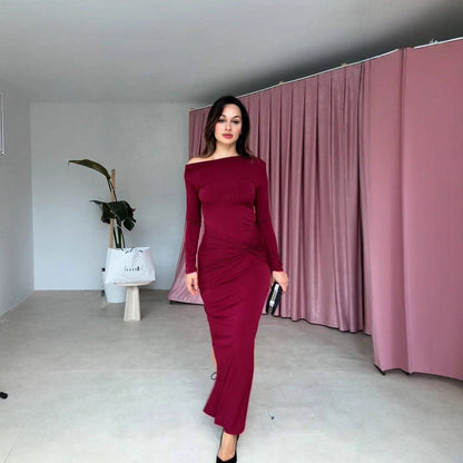 Fall Women Clothing Elegant Solid Color Long Sleeve Diagonal Collar Bow Ruffle Hip Dress by Ragazza
