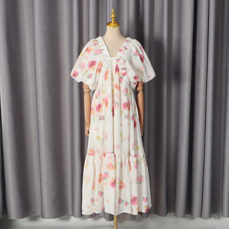 French Pastoral Dress Deep V Plunge neck Puff Sleeve High Waist A line Large Printed Maxi Dress  DestGlow