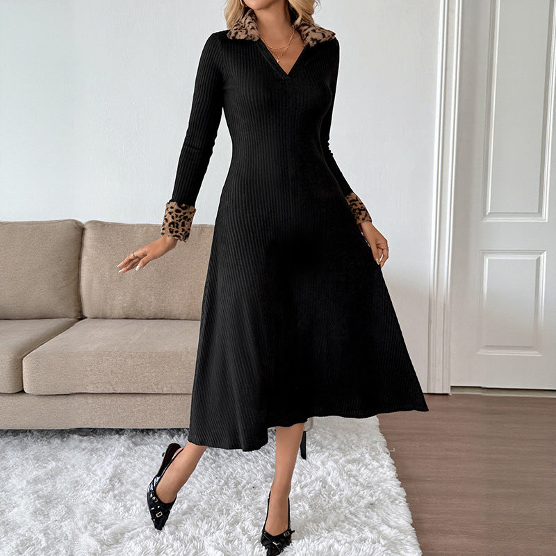 Autumn Winter Retro Elegant Slim Fit V neck Leopard Print Color Matching Dress by Ragazza