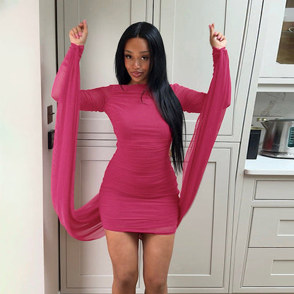 Women Clothing Autumn Solid Color Casual round Neck Backless Long Sleeves Ribbon Slim Short Dress  DestGlow