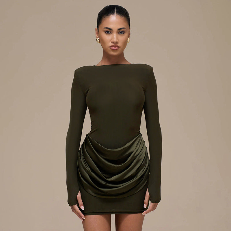 Women Clothing Autumn Winter Solid Color Elegant Casual Slim Fit round Neck Long Sleeves Pleated Short Dress by Ragazza
