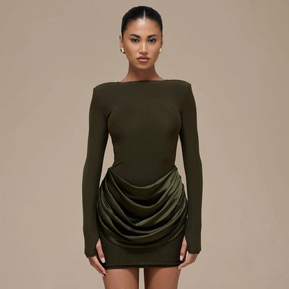 Women Clothing Autumn Winter Solid Color Elegant Casual Slim Fit round Neck Long Sleeves Pleated Short Dress by Ragazza