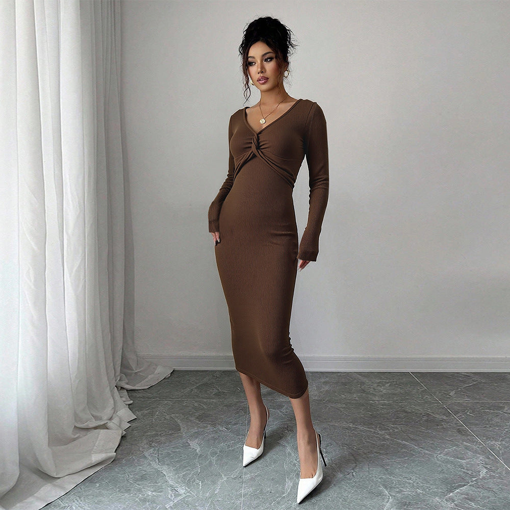 Brown V neck Dress Women Spring Autumn Chest Twist Design Slim Fit Three Quarter Sleeve Commuting Elegant Dress by Ragazza