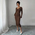 Brown V neck Dress Women Spring Autumn Chest Twist Design Slim Fit Three Quarter Sleeve Commuting Elegant Dress by Ragazza