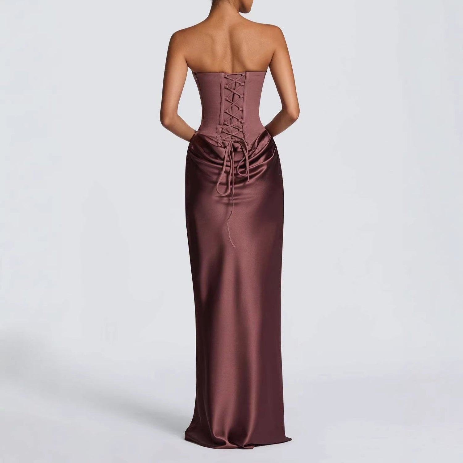 Solid Color Waist Tight Sexy Tube Top Package Hip Maxi Dress Satin Lace up Ribbon Dress  DestGlow