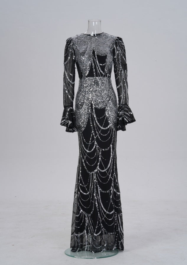 Women Clothing Long Sleeved round Neck Slim Fit Sheath Sequined Cocktail Fishtail Evening Dress by Ragazza