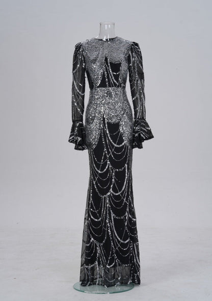 Women Clothing Long Sleeved round Neck Slim Fit Sheath Sequined Cocktail Fishtail Evening Dress by Ragazza