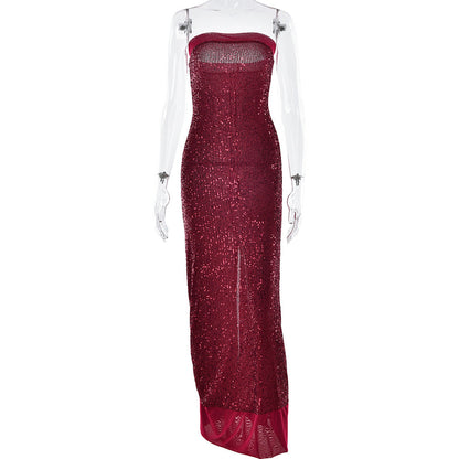 Sexy Women Clothing Evening Dress Elegant Bandeau Slim Fit Maxi Dress Sequined Split Backless Dress  DestGlow