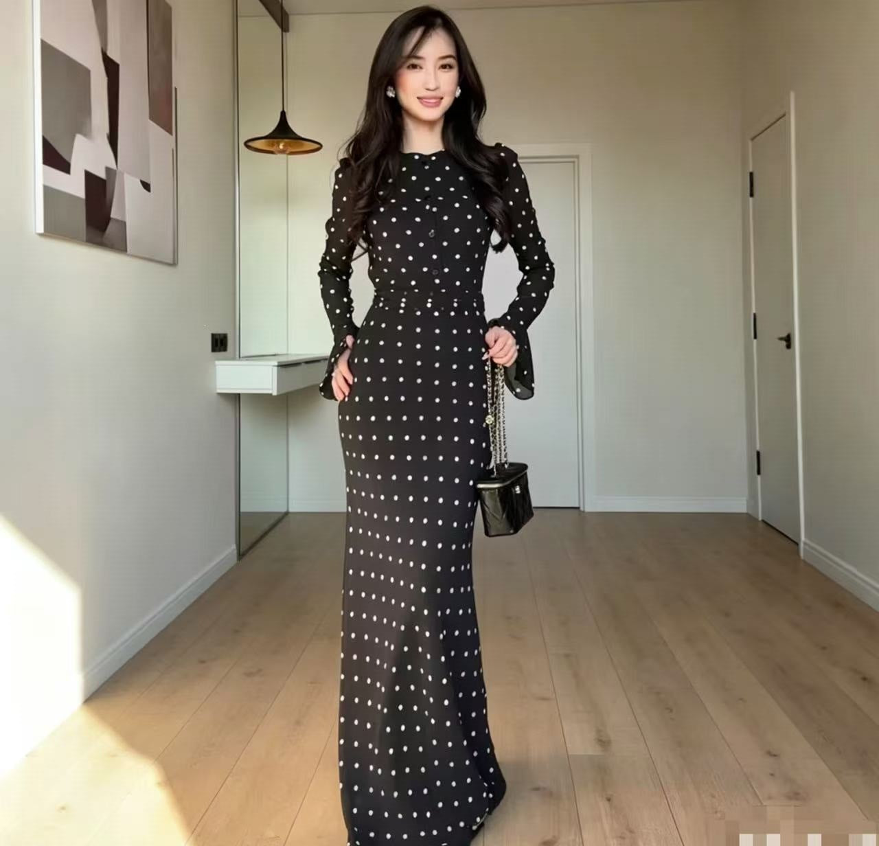 Spring Autumn Polka Dot Pattern round Neck Long Sleeve Flared Sleeves Graceful Fashionable Dress Women  DestGlow