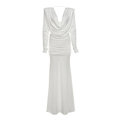 Fall Women Clothing Sexy Backless Swing Collar Slim Pleated Solid Color Long Sleeve Dress by Ragazza