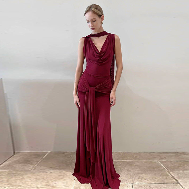 Women Clothing Winter Sexy Backless Gauzy Slim Fit Patchwork Tied Dress Women by Ragazza