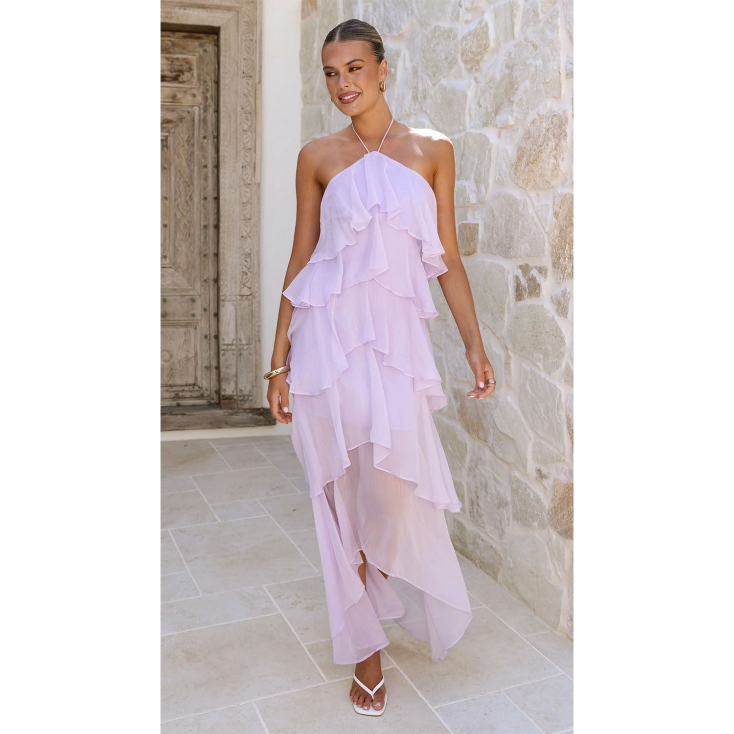 Goods Spring Summer Ruffled Elegant Halter Solid Color Cake Chiffon Dress by Ragazza