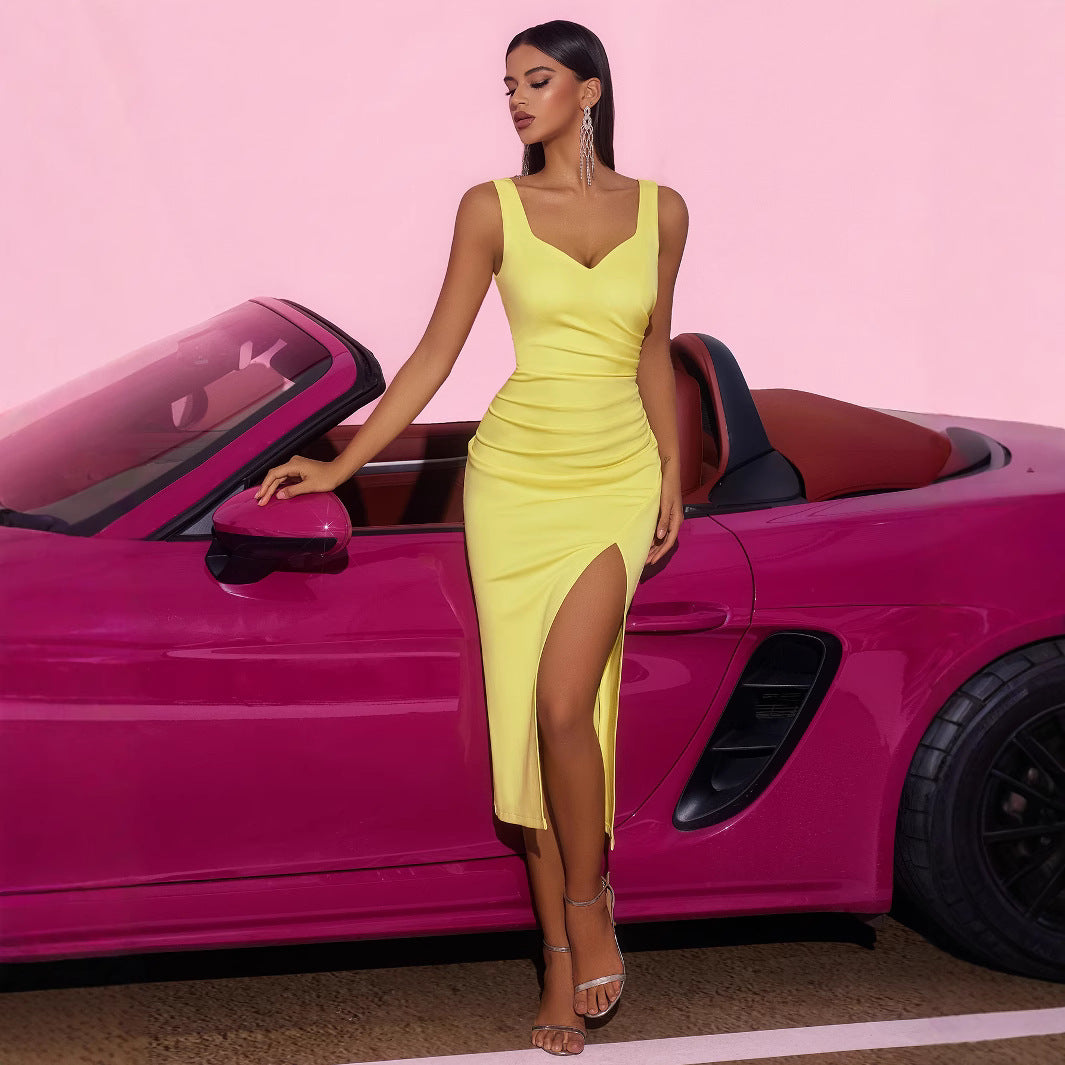 Elegant off Shoulder Slim Fit Figure Flattering Side Slit Pleated High Waist Strap Dress by Ragazza