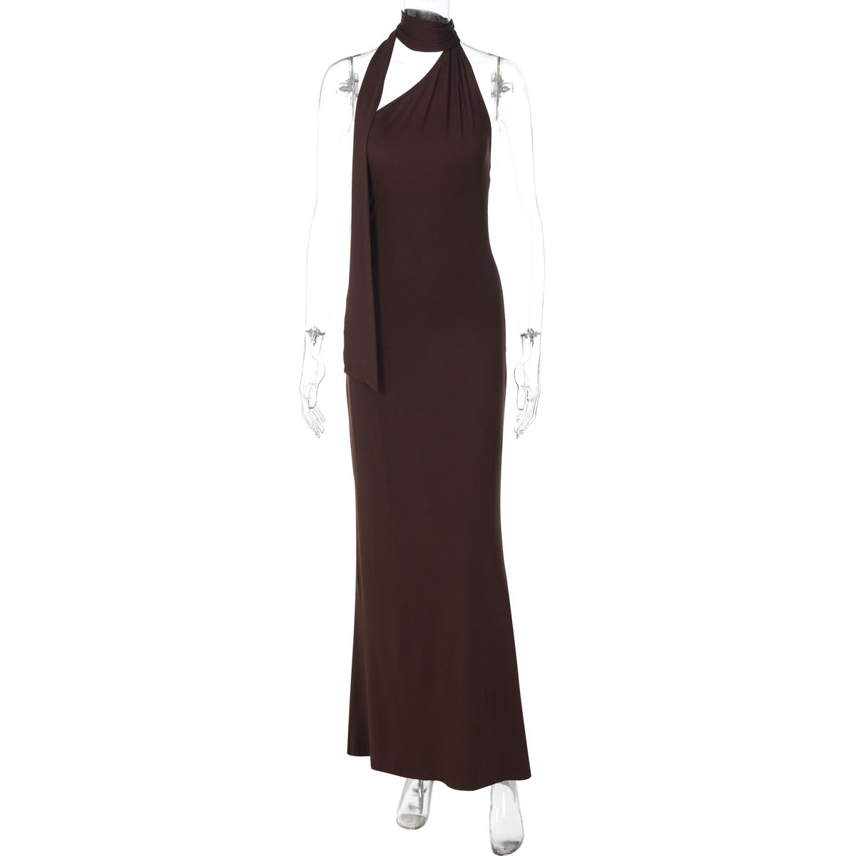 Women Solid Color Diagonal Collar Sleeveless Ribbon Backless Maxi Dress by Ragazza