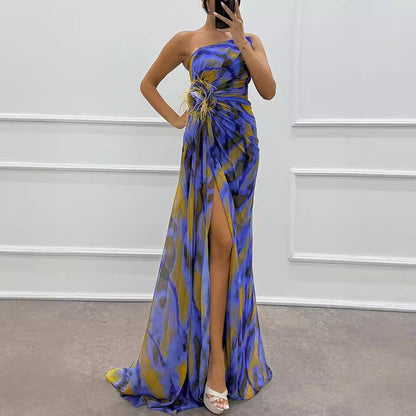 Chiffon Floral Print Slit Dress Casual Party Long Women Clothing Dress by Ragazza