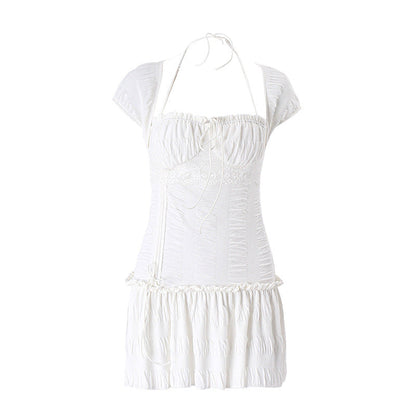 Summer Sexy French Low Cut Square Collar Halter Lace Up Design Short Sleeve Pleated Dress Women by Ragazza