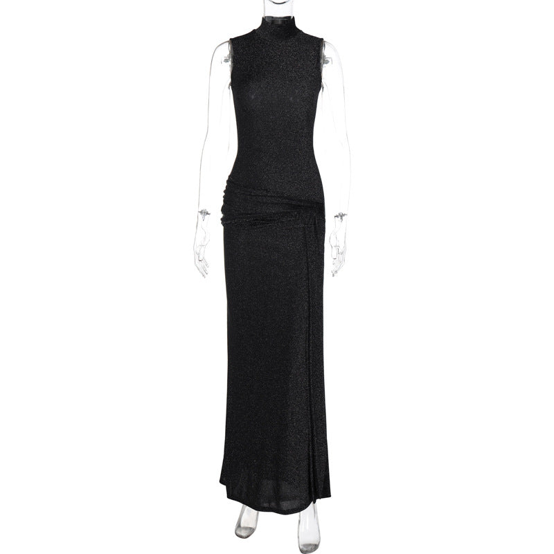 Autumn Elegant Slim Turtleneck Sleeveless Stitching Ribbon Bright Silk Dress Women by Ragazza