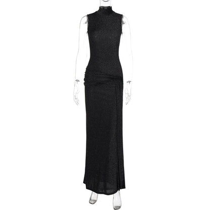 Autumn Elegant Slim Turtleneck Sleeveless Stitching Ribbon Bright Silk Dress Women by Ragazza