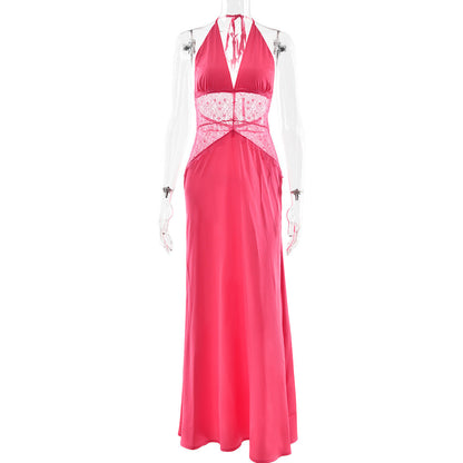 Summer Elegant Deep V Plunge Silky Satin Dress Stitching Halter Waist Tight Sexy Dress by Ragazza