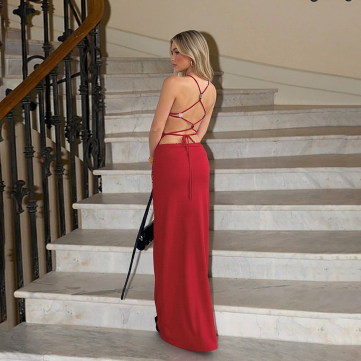 Women Beaded Lace up Backless Sexy Dress Cocktail Festive Red Elegant Dress Maxi Dress by Ragazza